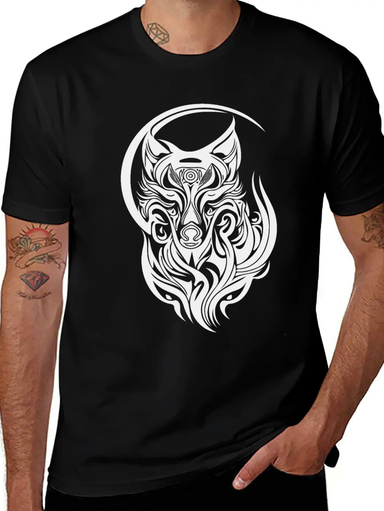 Vintage Wolf Portrait Tribal Tattoo Style Breathable Graphic T-Shirt – Perfect For Casual Days