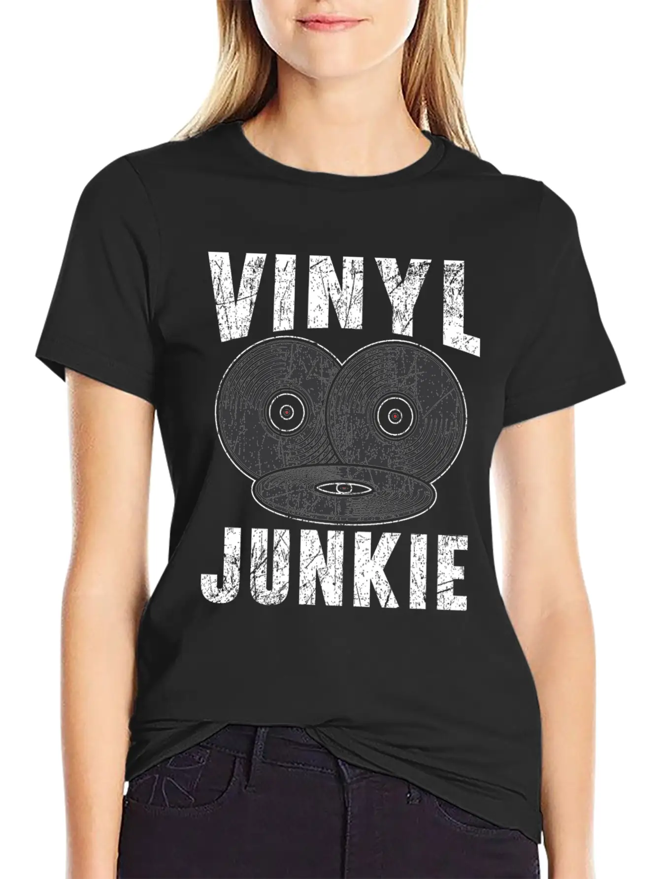 Vinyl Junkie Vinyl Record Player Music Lover Modern Fit Casual T-Shirt – Clean And Versatile Design