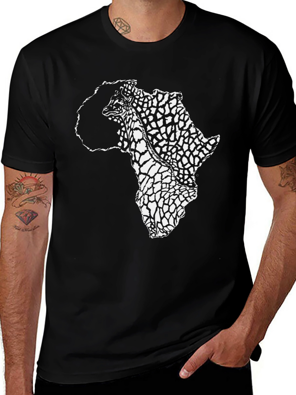 Africa Print Crew Neck T-Shirt - Black