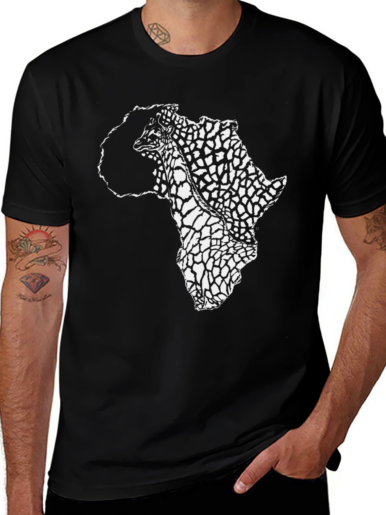 Africa Print Crew Neck T-Shirt - Black