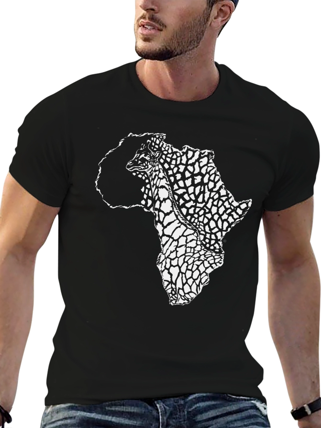 Africa Print Crew Neck T-Shirt - Black