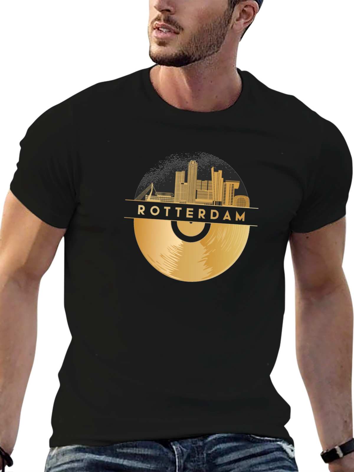 Rotterdam Record Skyline T-Shirt - Gold Cityscape Tee