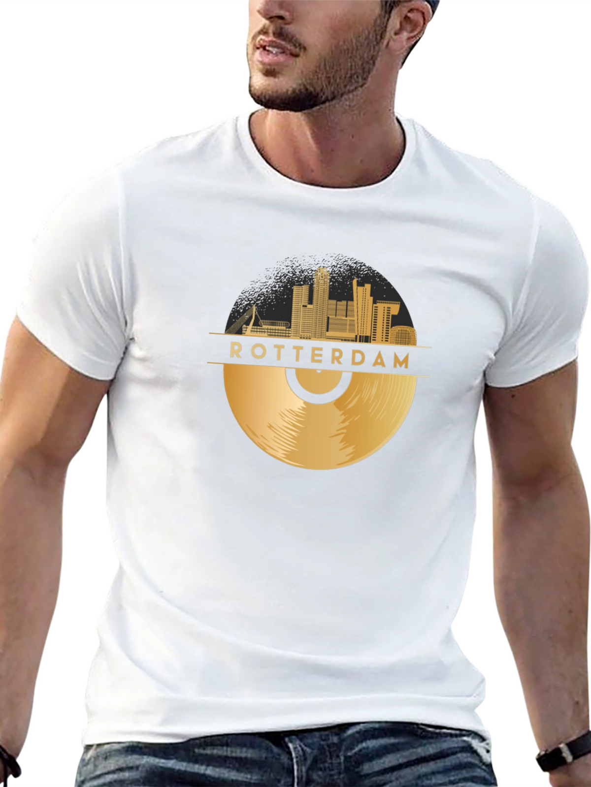 Rotterdam Record Skyline T-Shirt - Gold Cityscape Tee