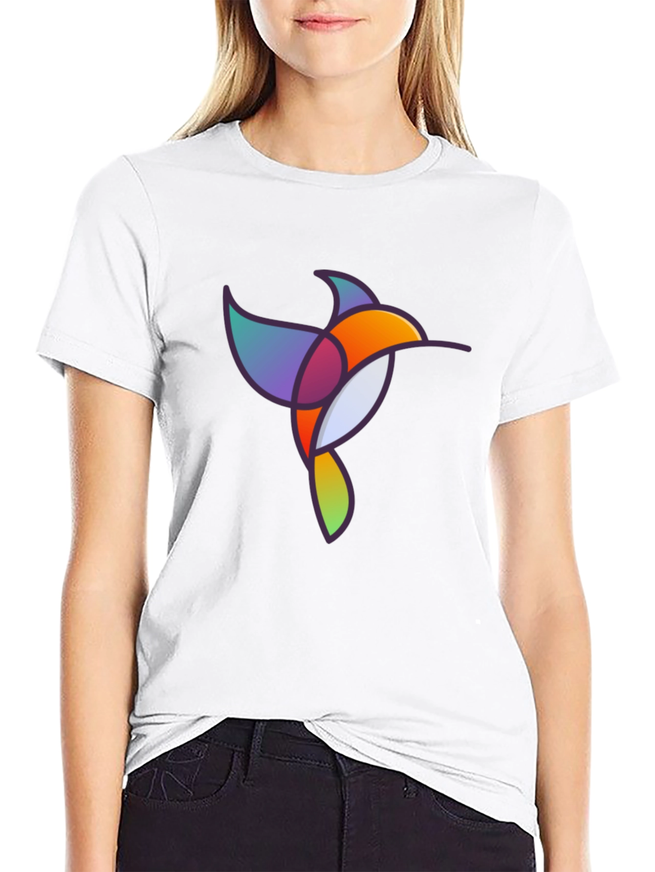 Abstract Geometric Hummingbird Graphic Tee - Black