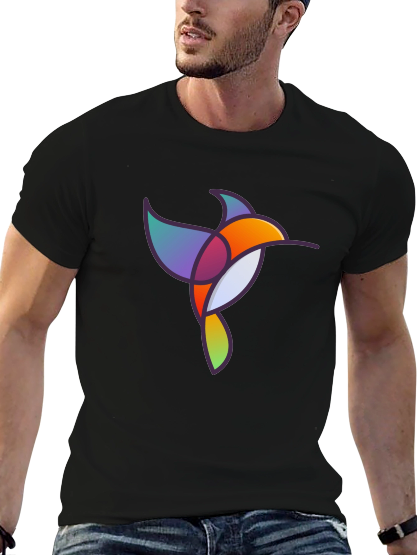 Abstract Geometric Hummingbird Graphic Tee - Black