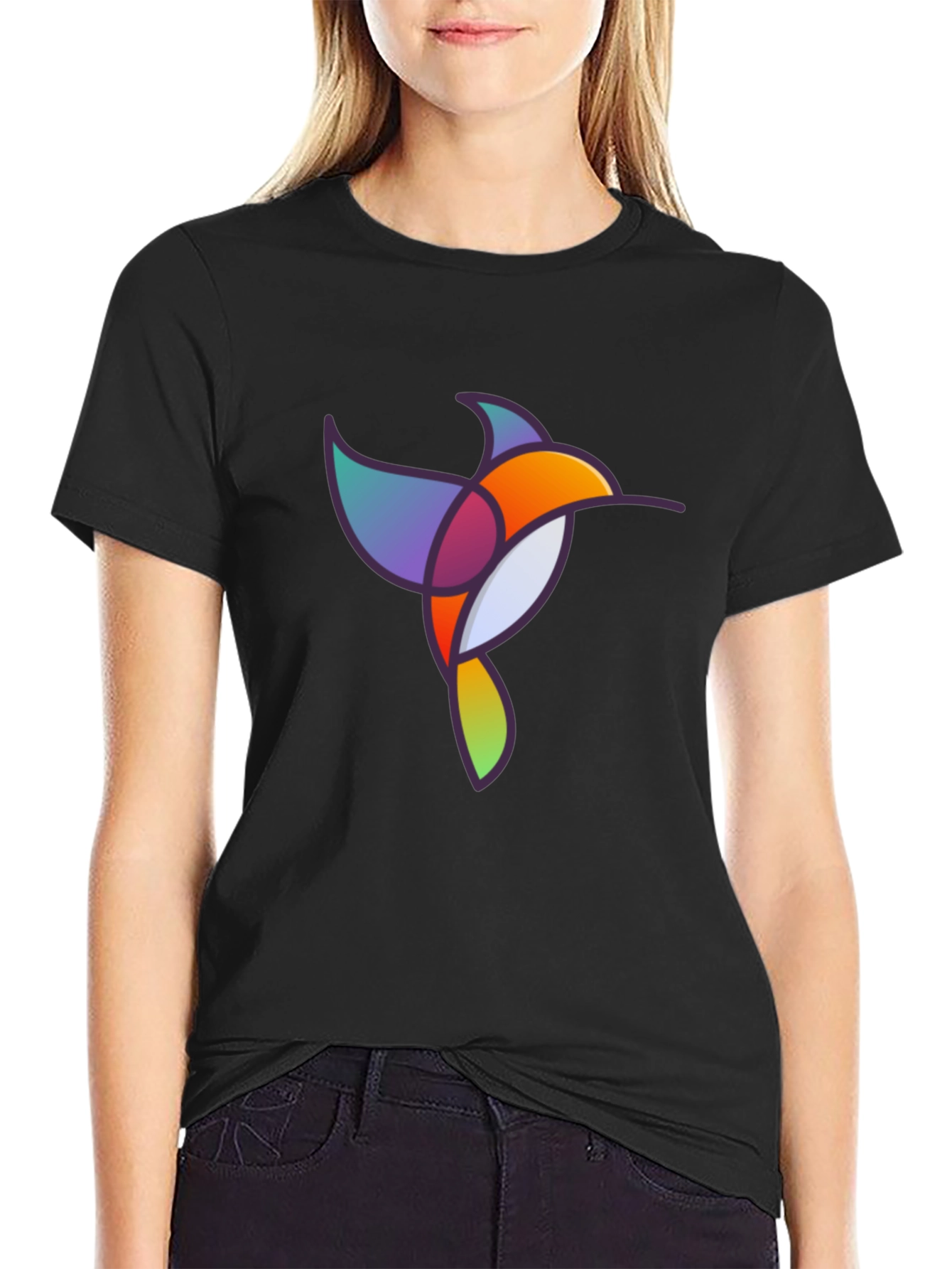 Abstract Geometric Hummingbird Graphic Tee - Black