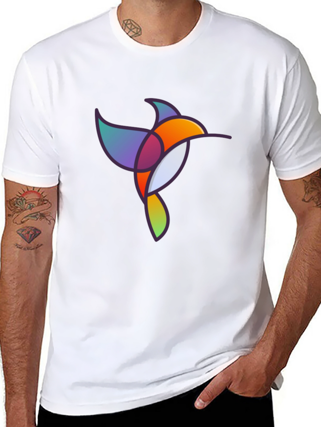 Abstract Geometric Hummingbird Graphic Tee - Black