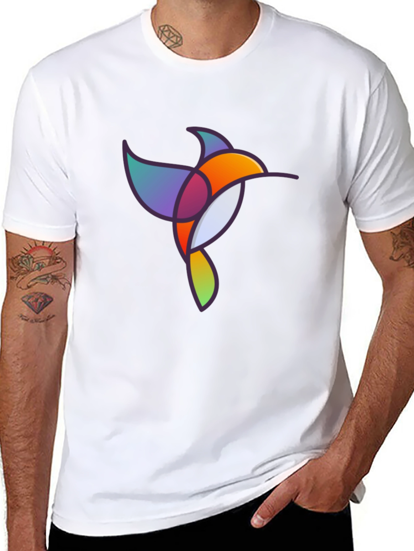 Abstract Geometric Hummingbird Graphic Tee - Black