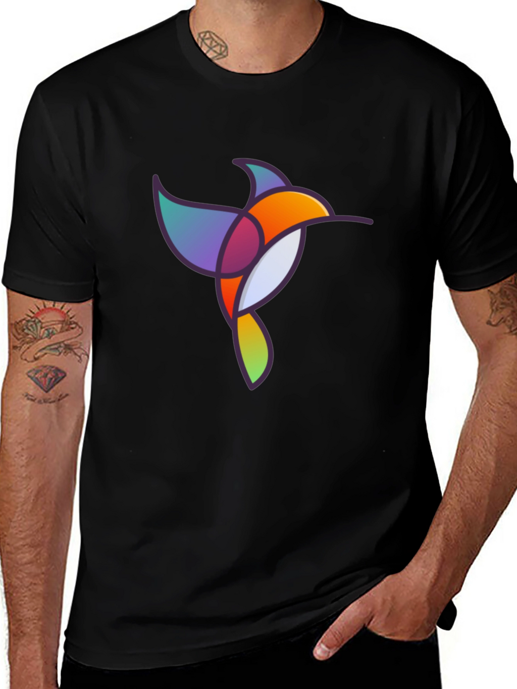 Abstract Geometric Hummingbird Graphic Tee - Black