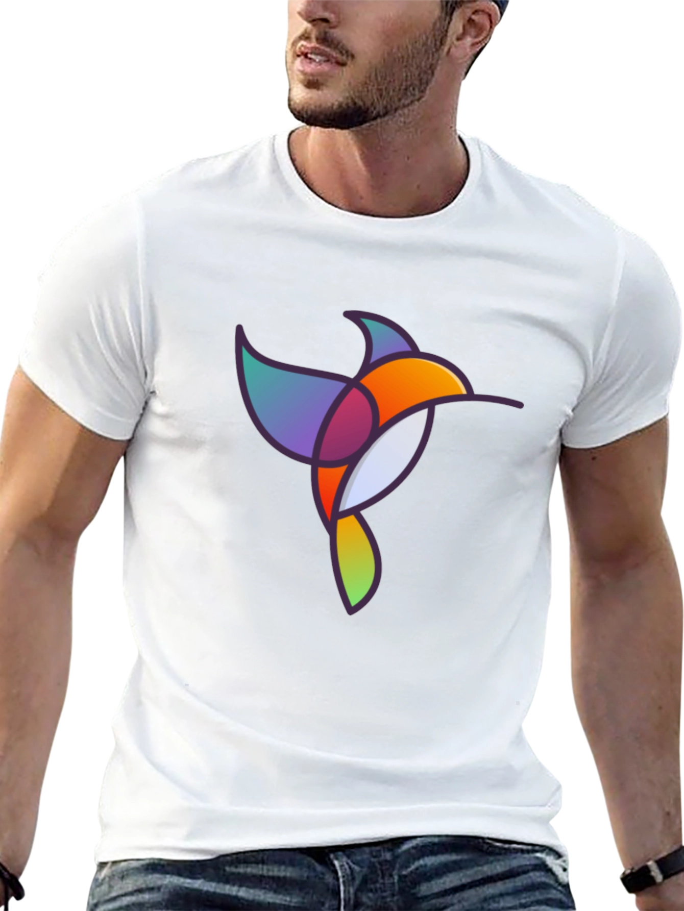 Abstract Geometric Hummingbird Graphic Tee - Black