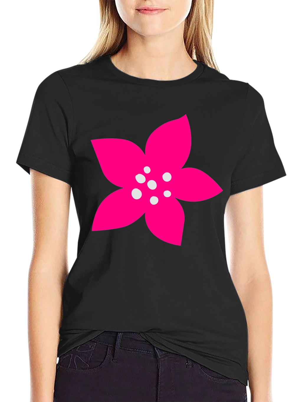 Black T-Shirt with Pink Flower Graphic