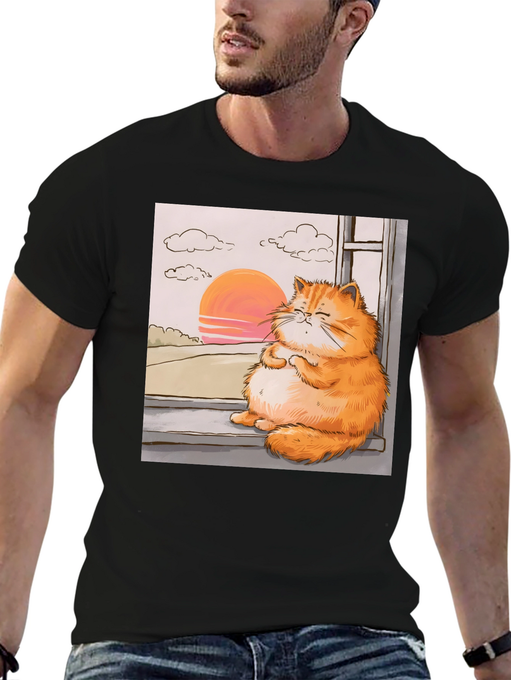 Relaxed Cat T-Shirt - Sunset Window View