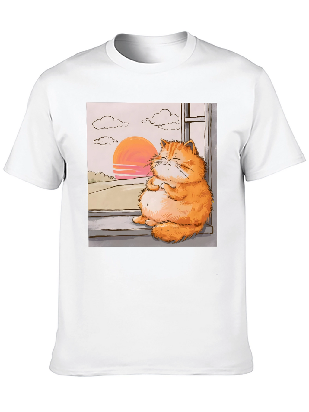 Relaxed Cat T-Shirt - Sunset Window View