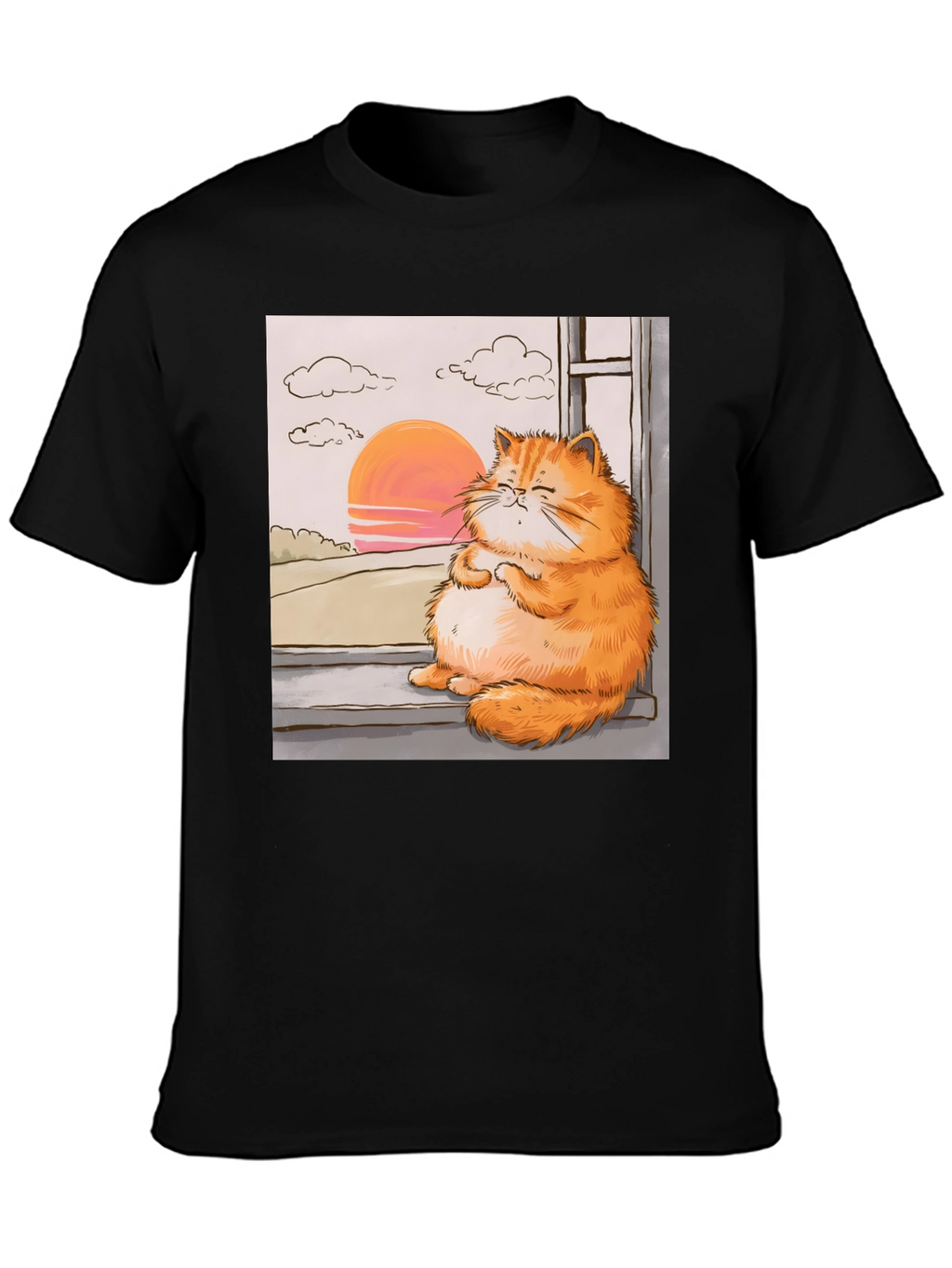 Relaxed Cat T-Shirt - Sunset Window View