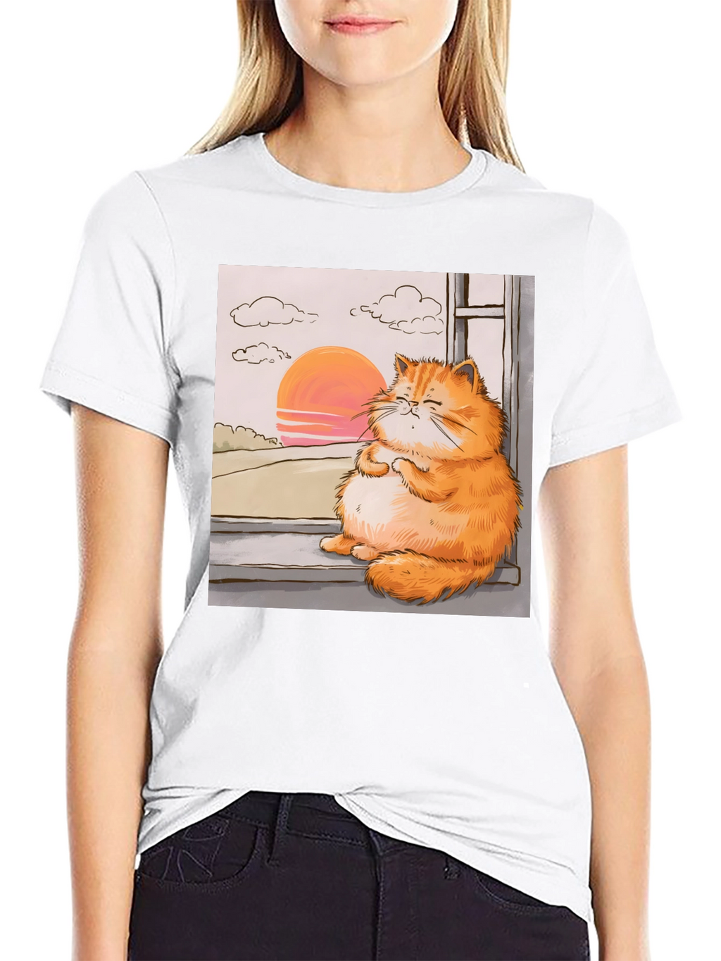 Relaxed Cat T-Shirt - Sunset Window View