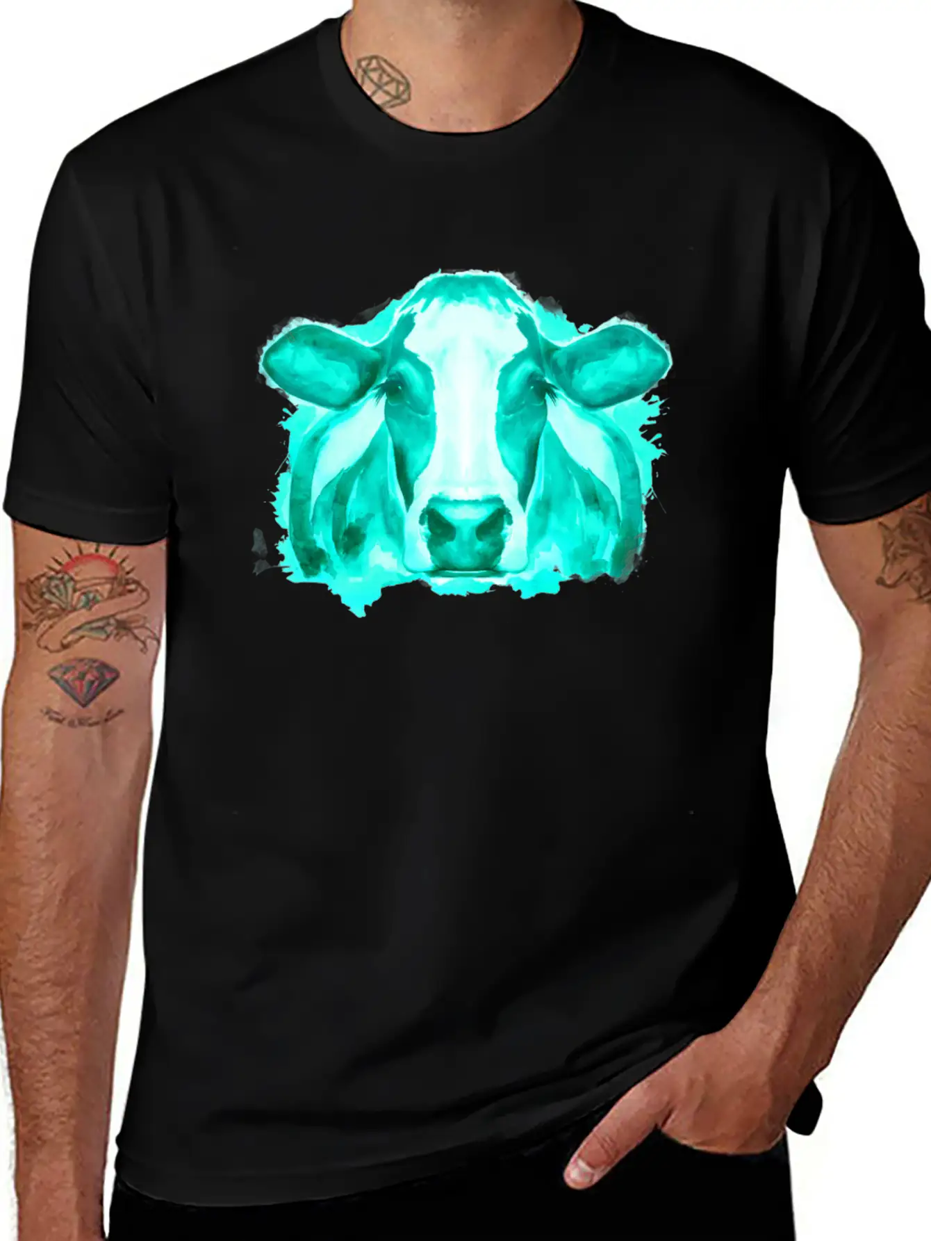 Watercolor Cow Teal Cow Breathable Soft Cotton T-Shirt – Timeless Casual Look