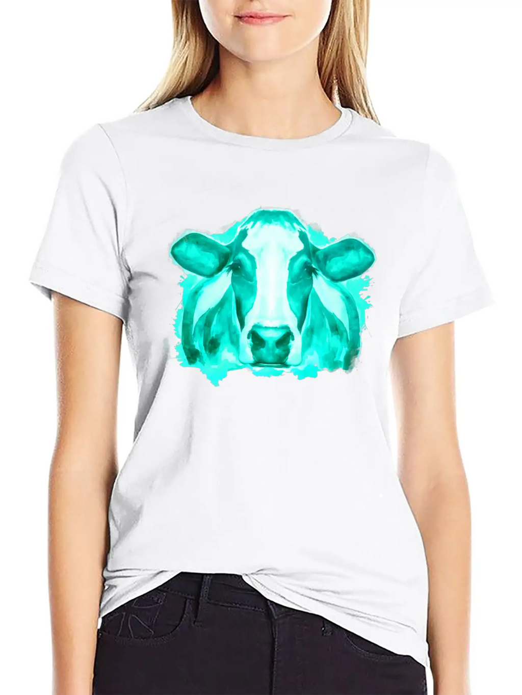 Watercolor Cow Teal Cow Breathable Soft Cotton T-Shirt – Timeless Casual Look