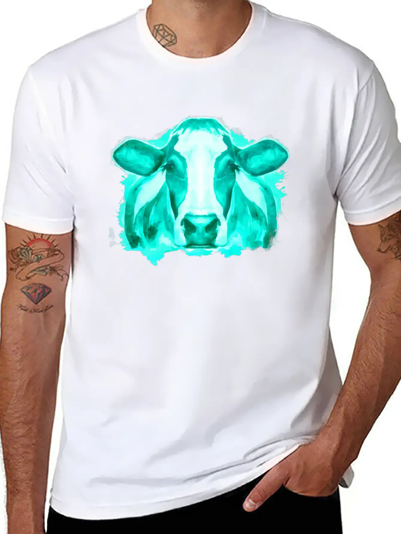 Watercolor Cow Teal Cow Breathable Soft Cotton T-Shirt – Timeless Casual Look