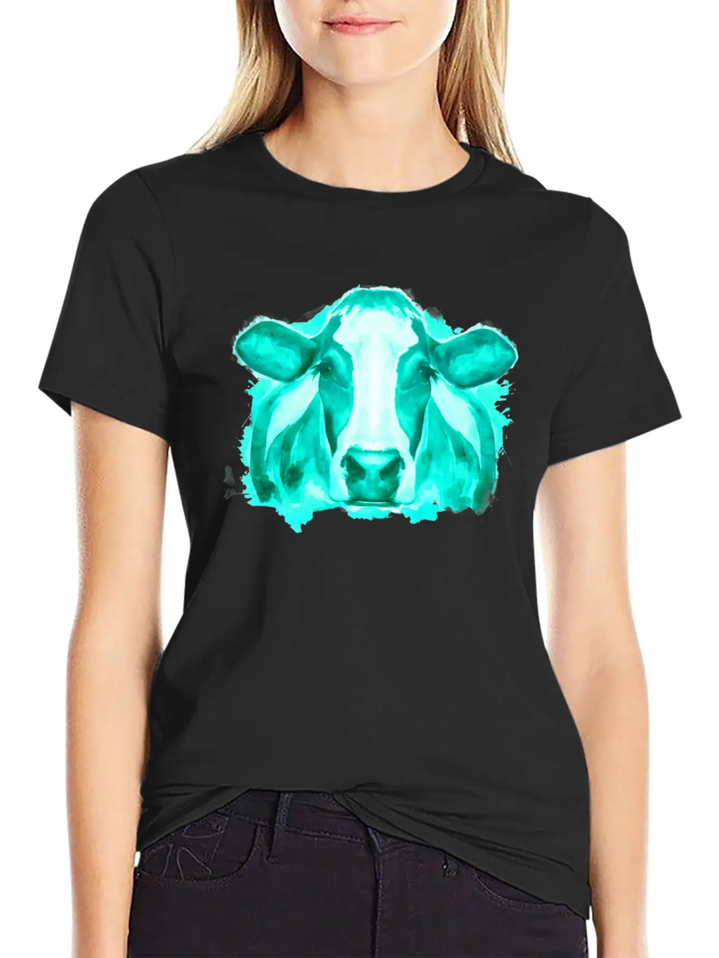 Watercolor Cow Teal Cow Breathable Soft Cotton T-Shirt – Timeless Casual Look