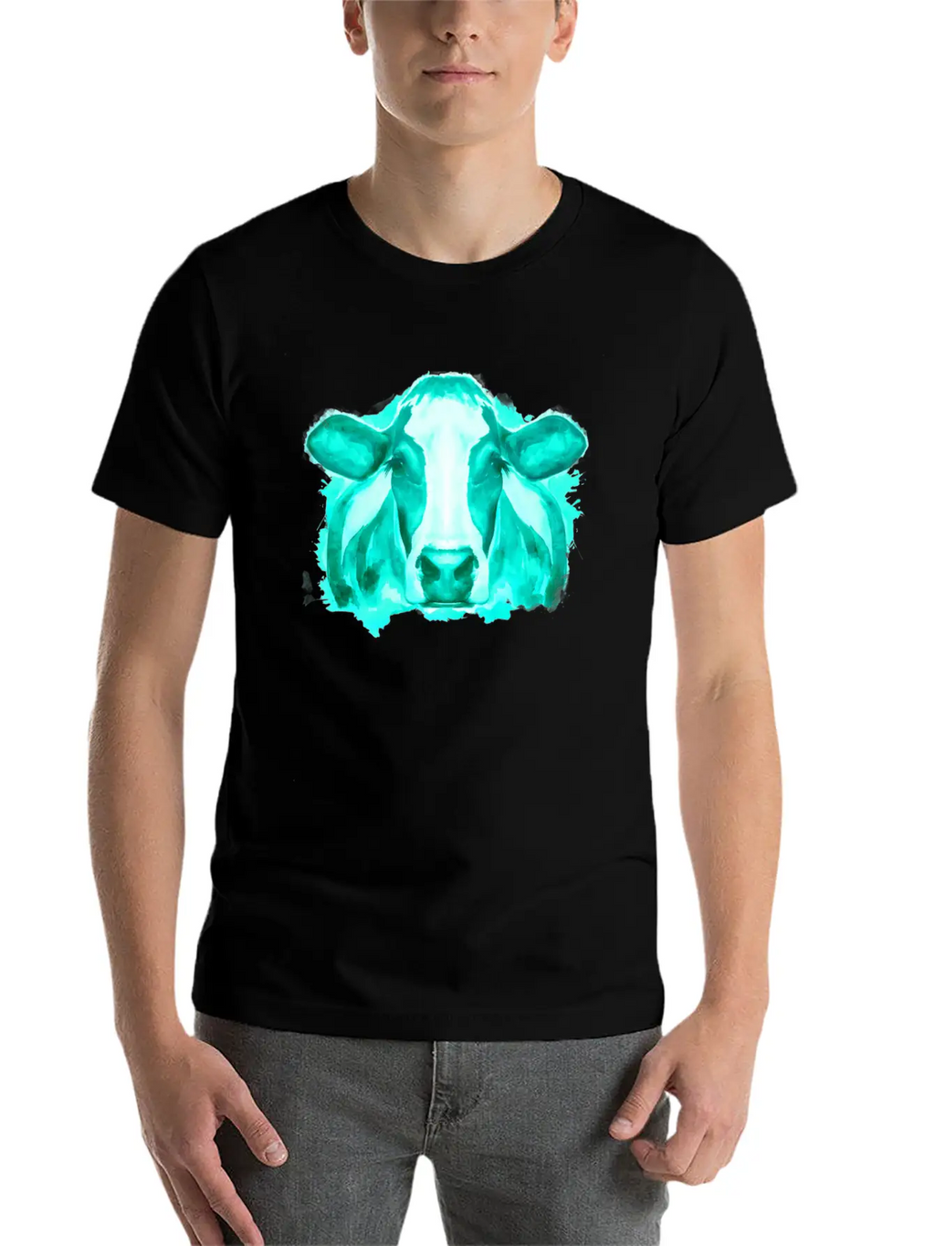 Watercolor Cow Teal Cow Breathable Soft Cotton T-Shirt – Timeless Casual Look