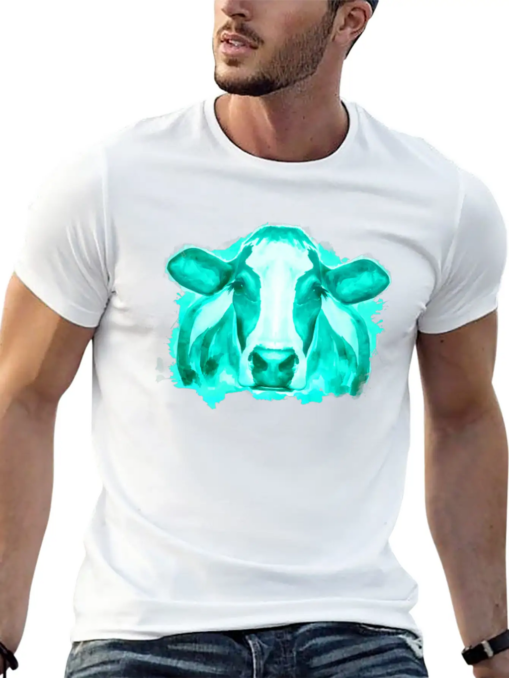 Watercolor Cow Teal Cow Breathable Soft Cotton T-Shirt – Timeless Casual Look