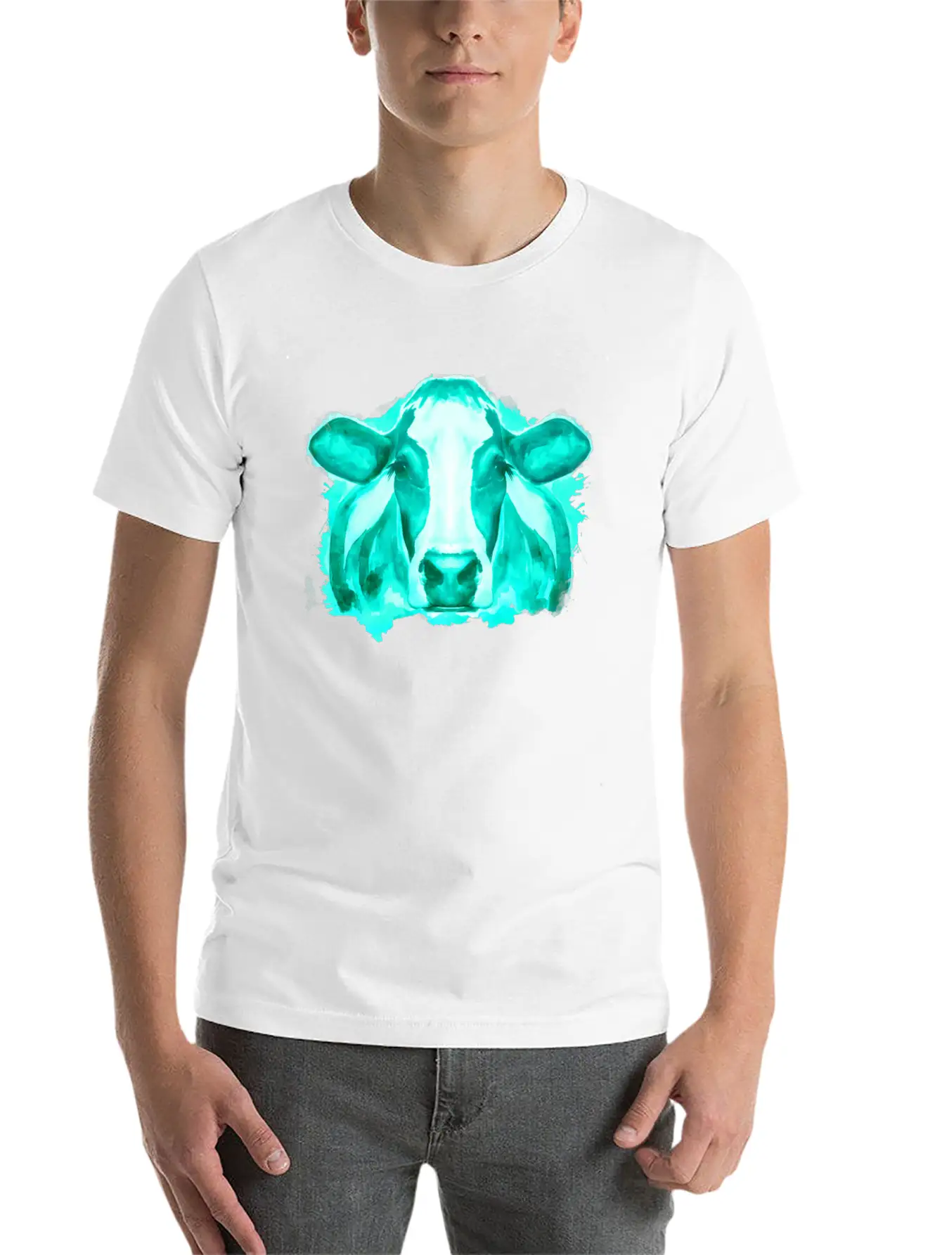 Watercolor Cow Teal Cow Breathable Soft Cotton T-Shirt – Timeless Casual Look