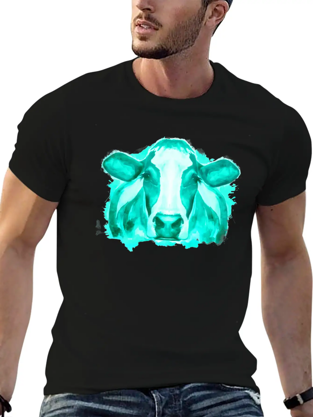 Watercolor Cow Teal Cow Breathable Soft Cotton T-Shirt – Timeless Casual Look