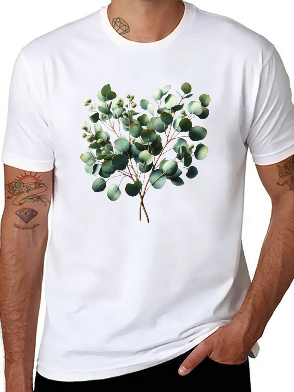 Watercolor Illustration Of A Eucalyptus Branch Breathable Soft Cotton T-Shirt – Timeless Casual Look