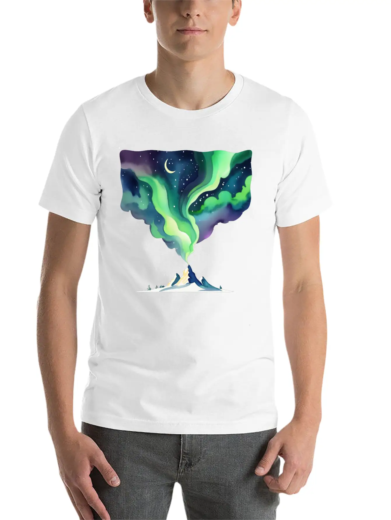 Watercolor Northern Lights Over Mountain Basic Graphic T-Shirt – Daily Comfort In Soft Cotton