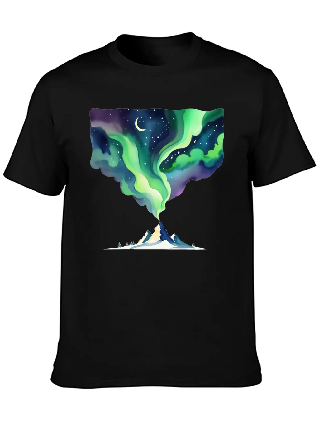 Watercolor Northern Lights Over Mountain Basic Graphic T-Shirt – Daily Comfort In Soft Cotton