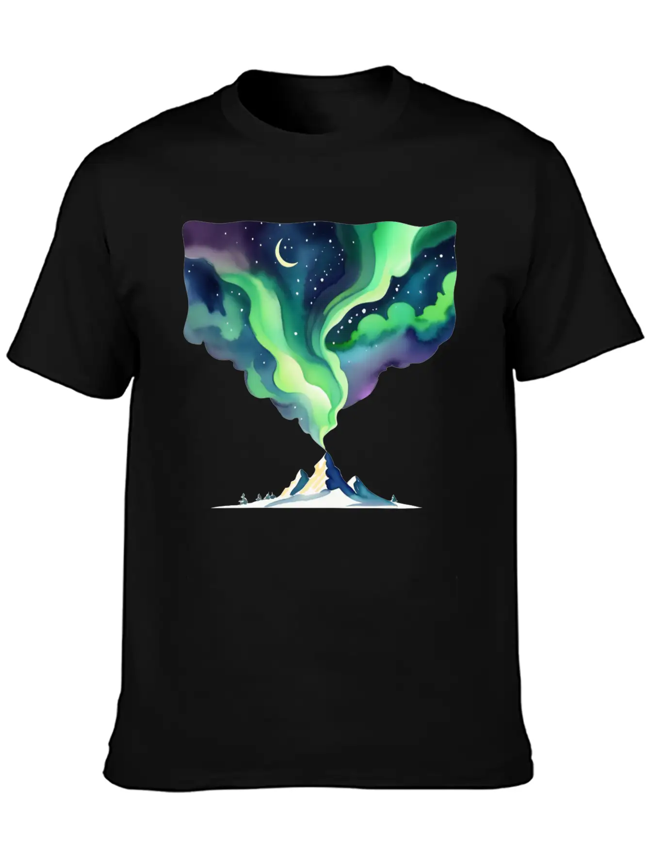 Watercolor Northern Lights Over Mountain Basic Graphic T-Shirt – Daily Comfort In Soft Cotton