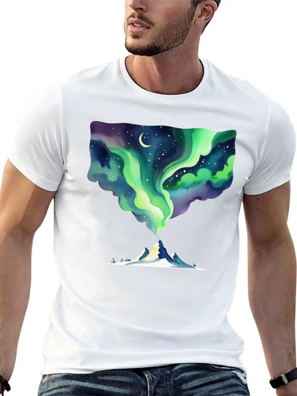 Watercolor Northern Lights Over Mountain Basic Graphic T-Shirt – Daily Comfort In Soft Cotton