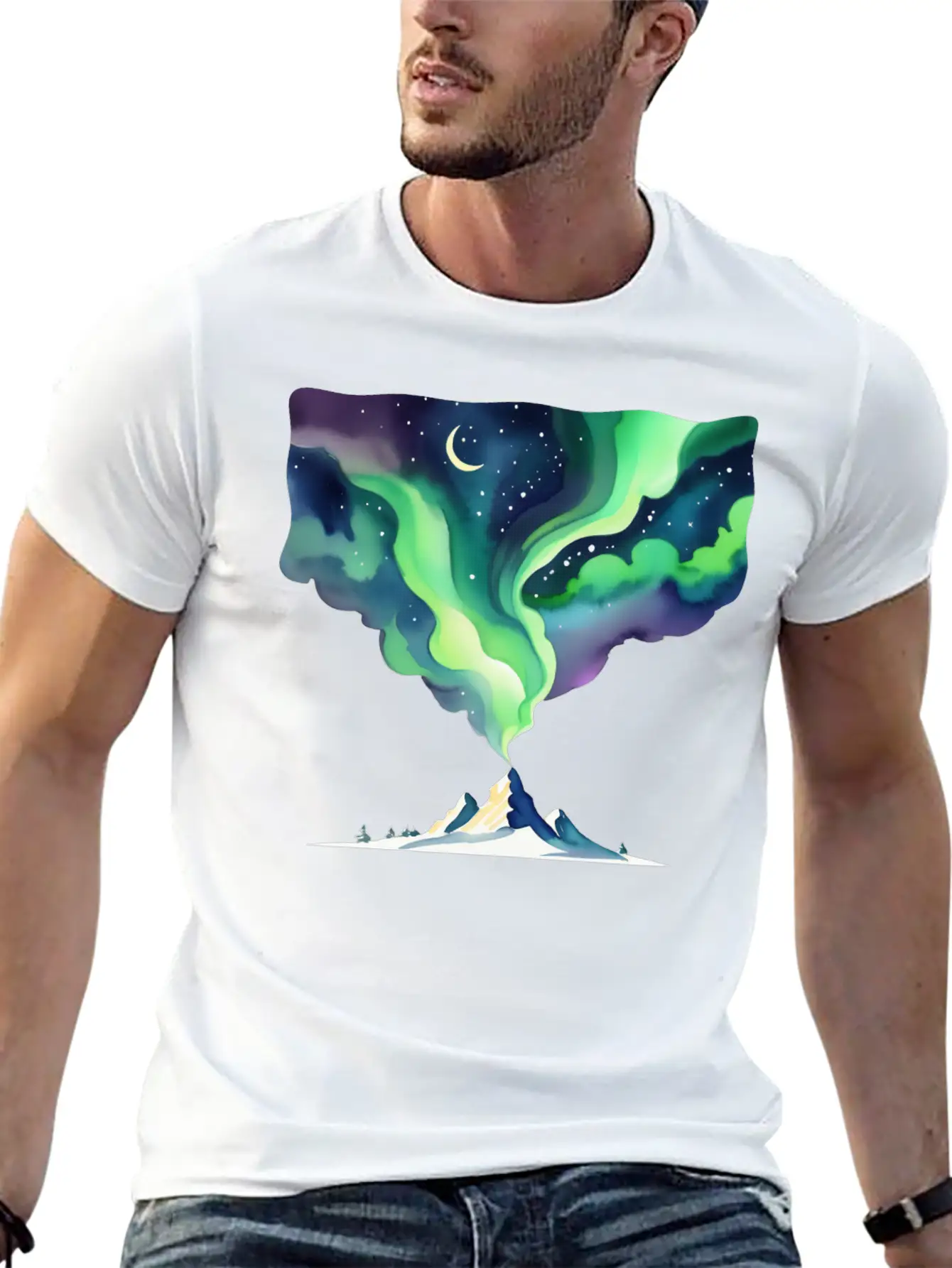 Watercolor Northern Lights Over Mountain Basic Graphic T-Shirt – Daily Comfort In Soft Cotton
