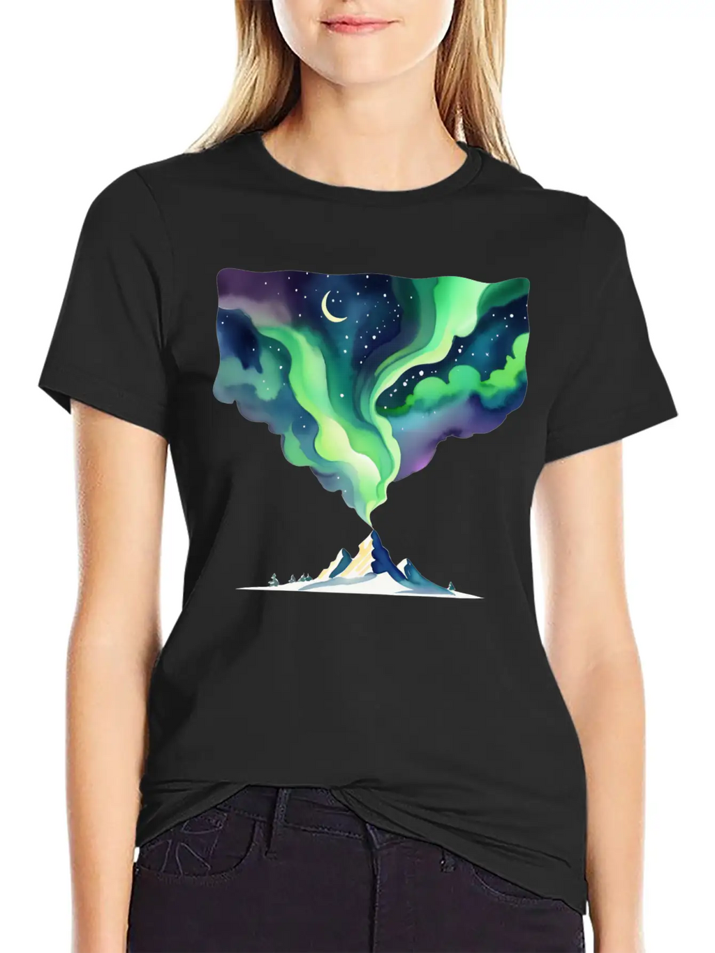 Watercolor Northern Lights Over Mountain Basic Graphic T-Shirt – Daily Comfort In Soft Cotton