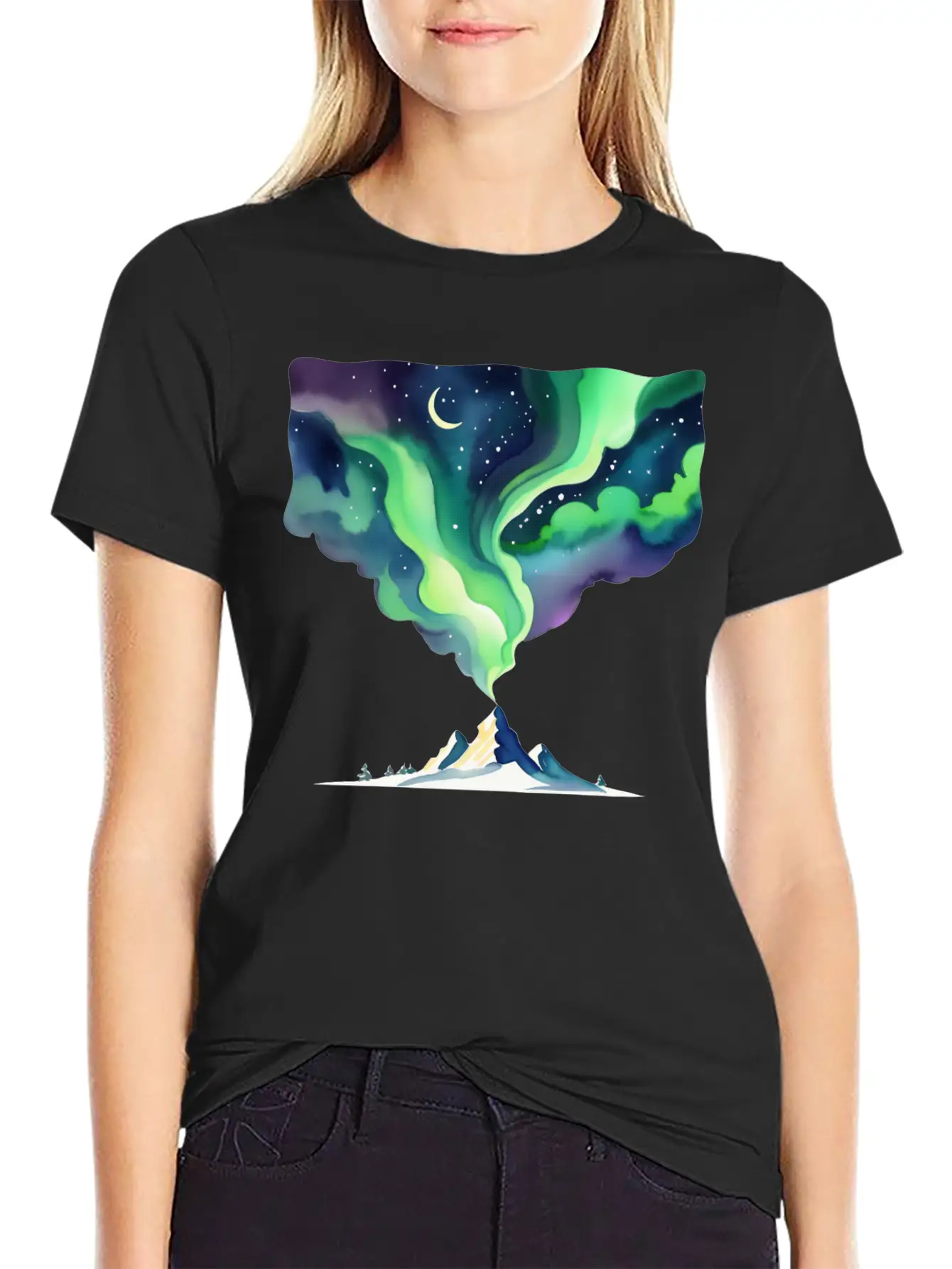 Watercolor Northern Lights Over Mountain Basic Graphic T-Shirt – Daily Comfort In Soft Cotton