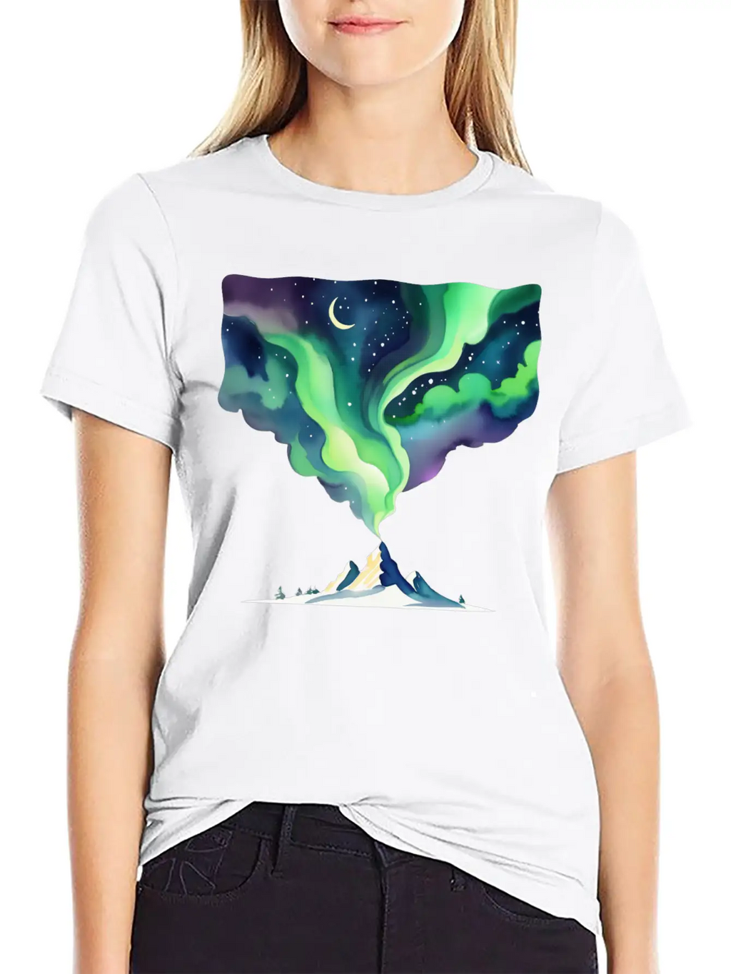 Watercolor Northern Lights Over Mountain Basic Graphic T-Shirt – Daily Comfort In Soft Cotton