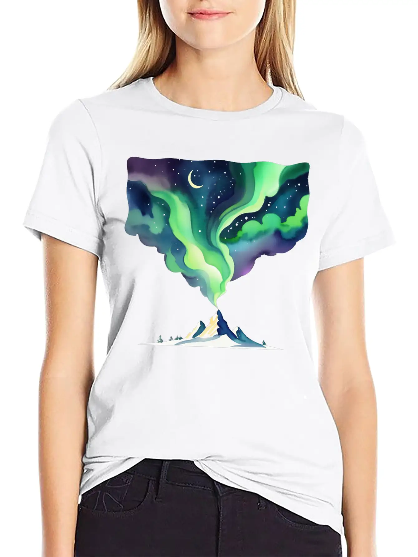 Watercolor Northern Lights Over Mountain Basic Graphic T-Shirt – Daily Comfort In Soft Cotton