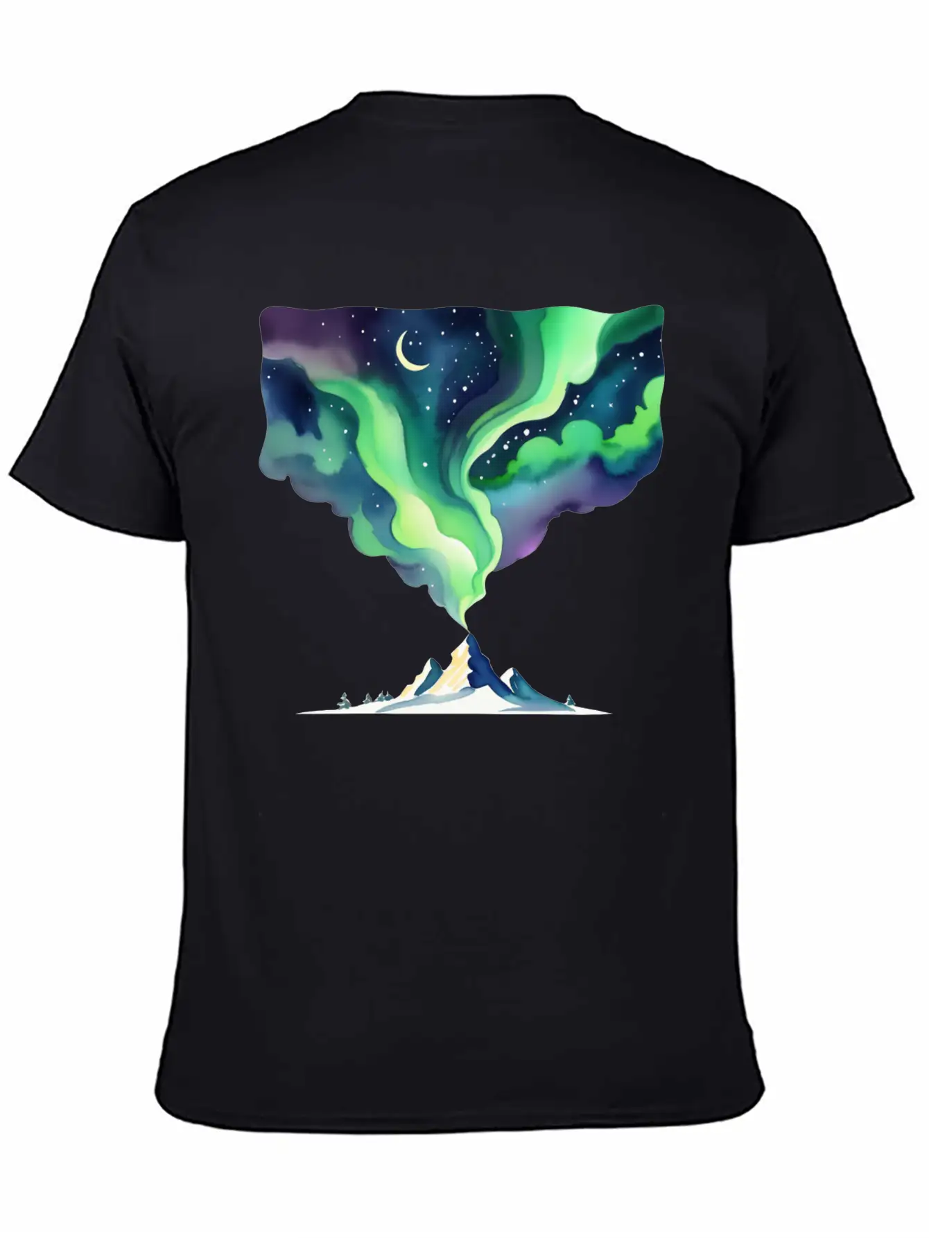 Watercolor Northern Lights Over Mountain Basic Graphic T-Shirt – Daily Comfort In Soft Cotton