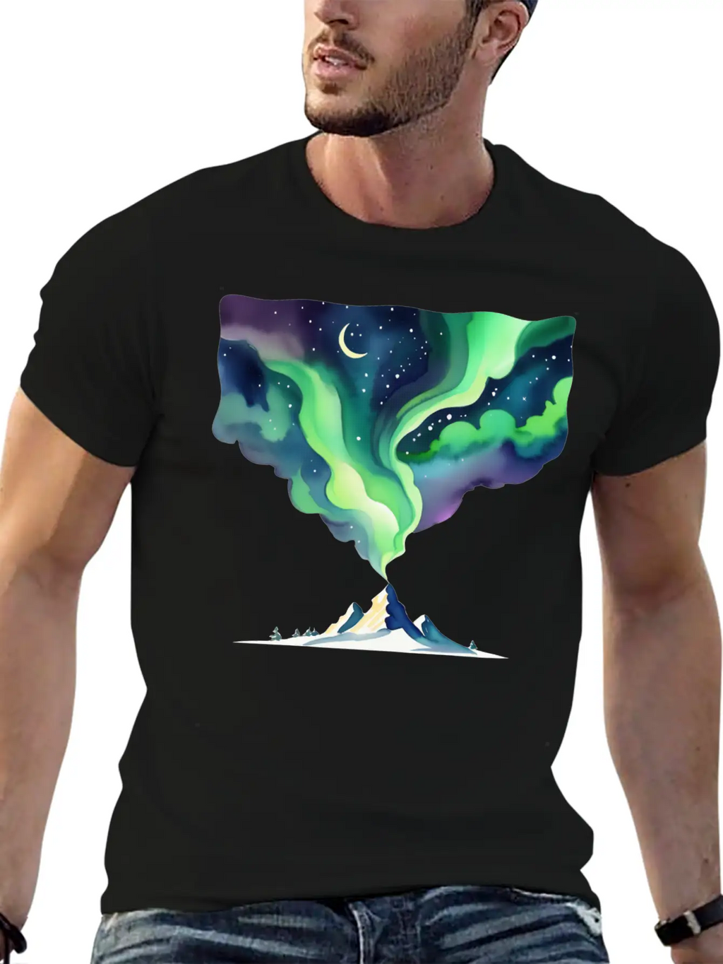 Watercolor Northern Lights Over Mountain Basic Graphic T-Shirt – Daily Comfort In Soft Cotton