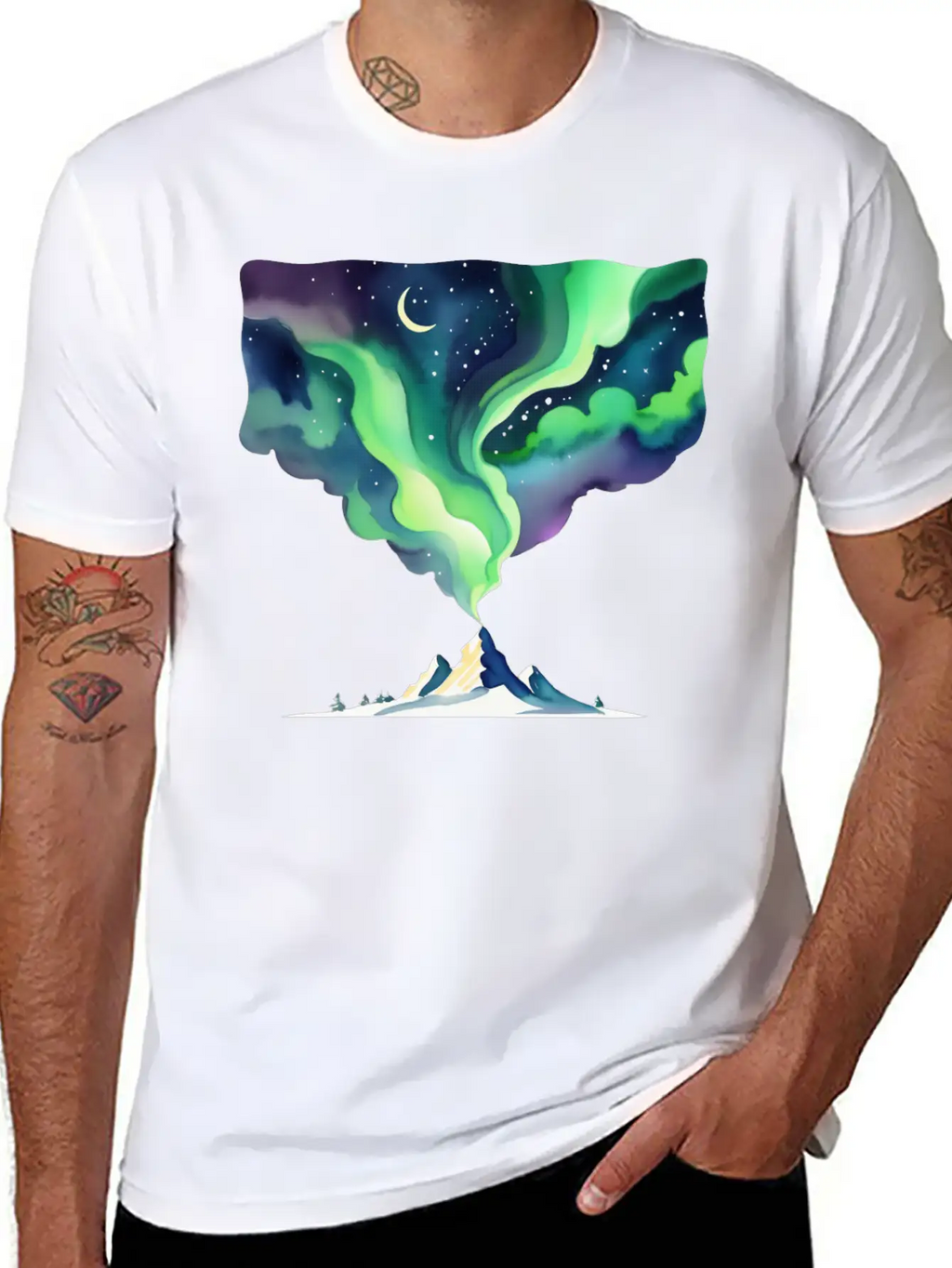 Watercolor Northern Lights Over Mountain Basic Graphic T-Shirt – Daily Comfort In Soft Cotton