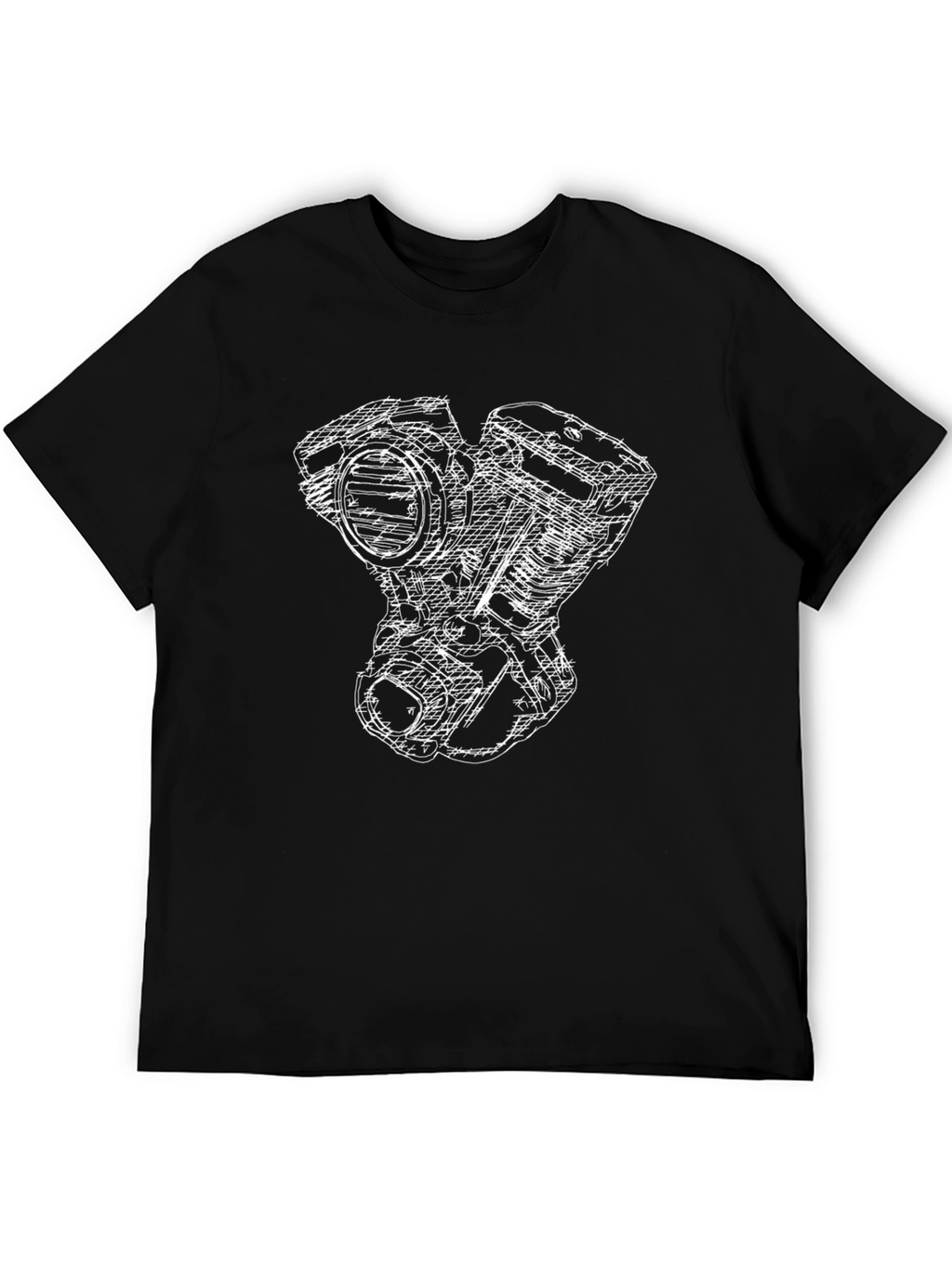 Black T-Shirt with White Engine Sketch Design