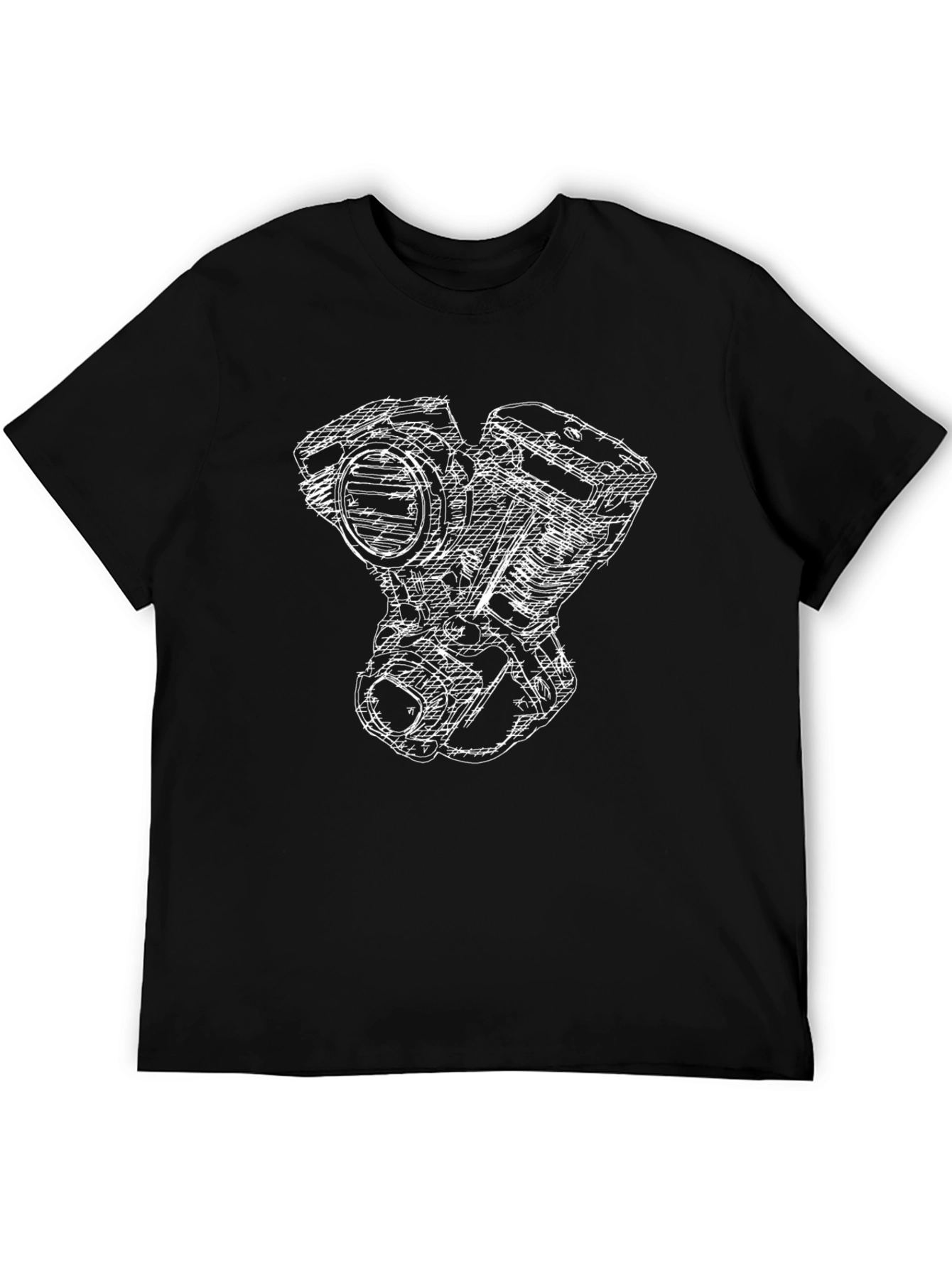 Black T-Shirt with White Engine Sketch Design