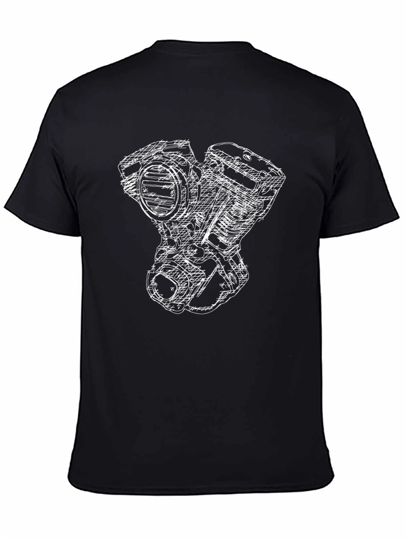 Black T-Shirt with White Engine Sketch Design