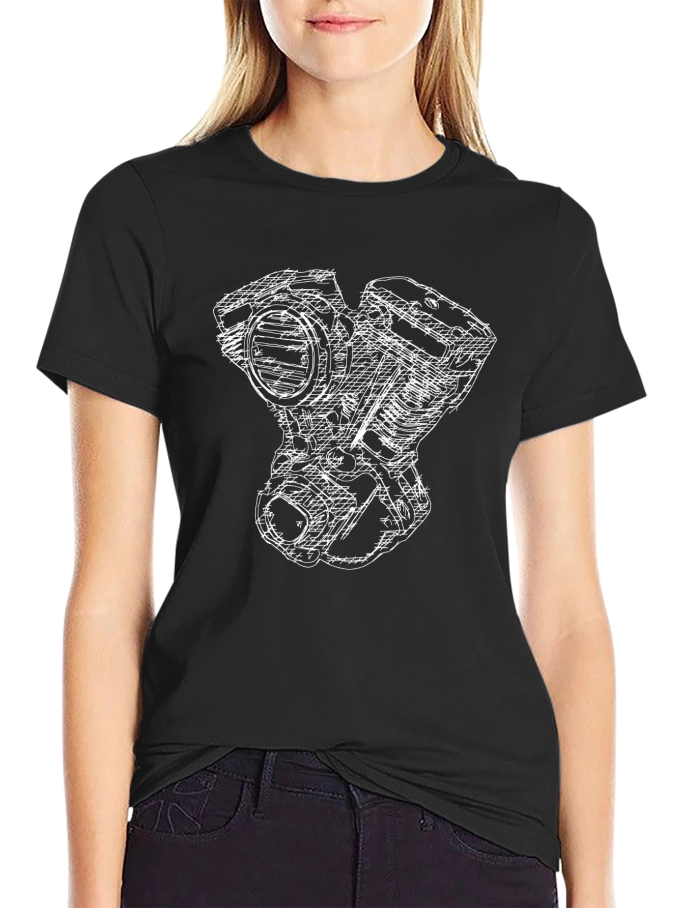 Black T-Shirt with White Engine Sketch Design