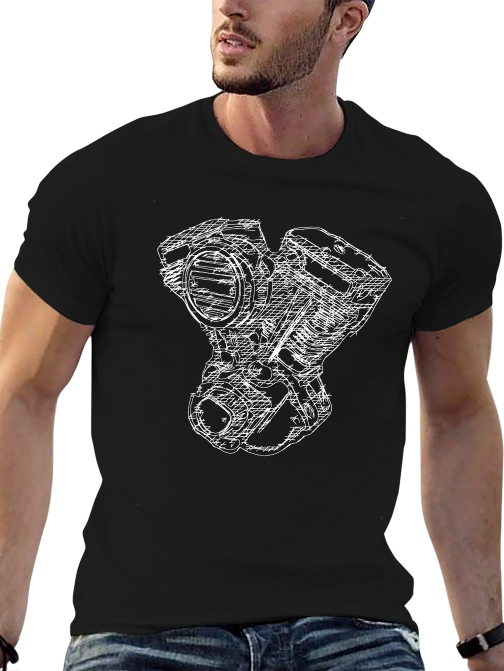 Black T-Shirt with White Engine Sketch Design