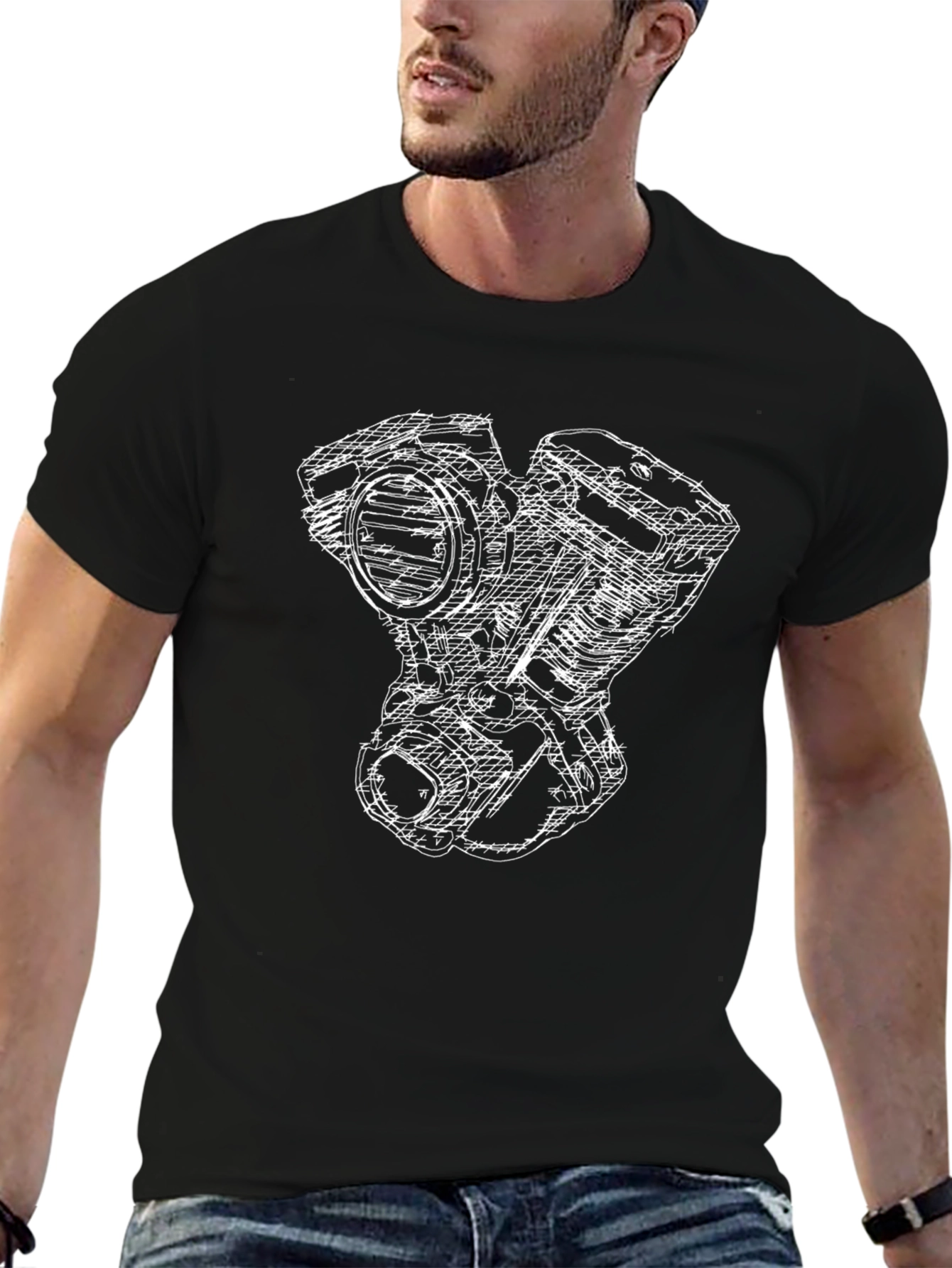 Black T-Shirt with White Engine Sketch Design