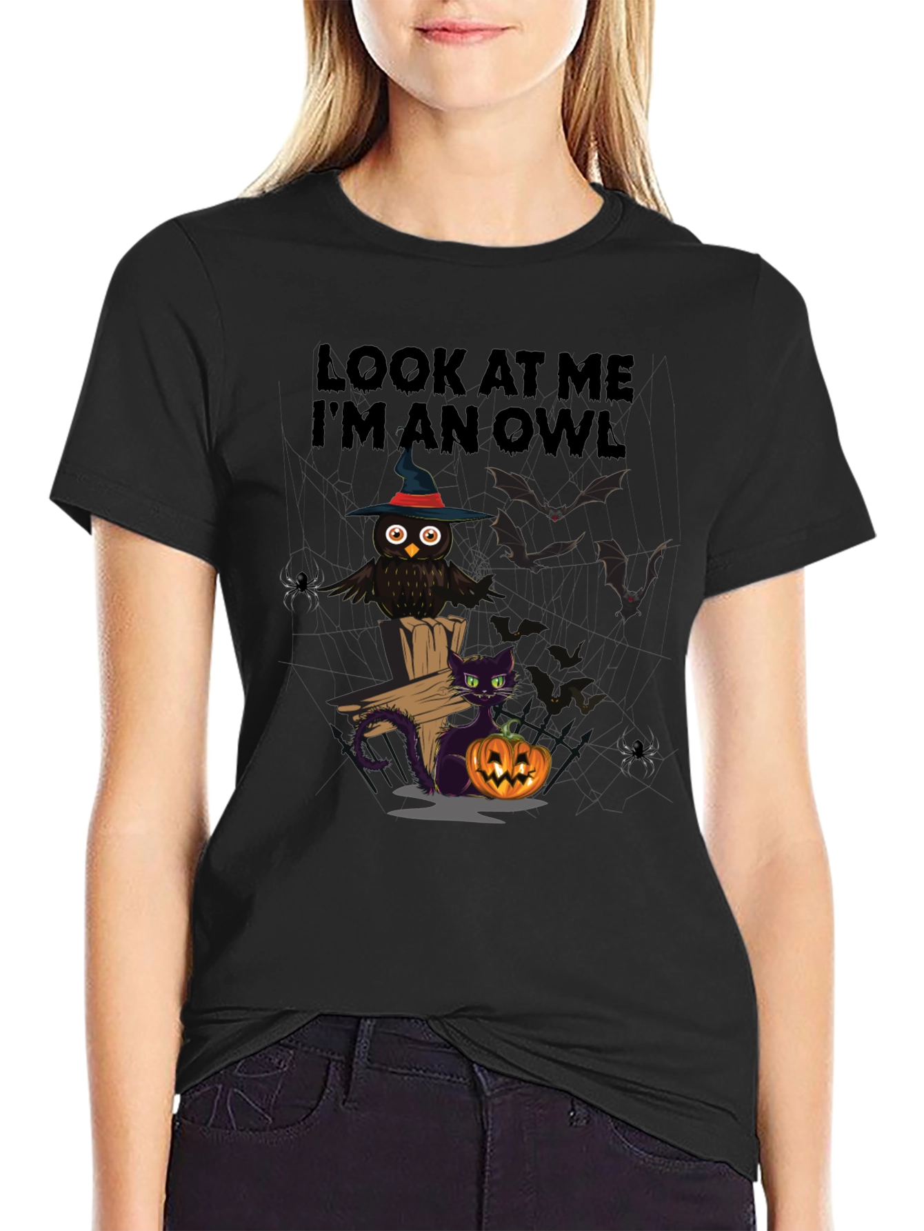 Halloween Owl & Cat T-Shirt - Look At Me Im An Owl