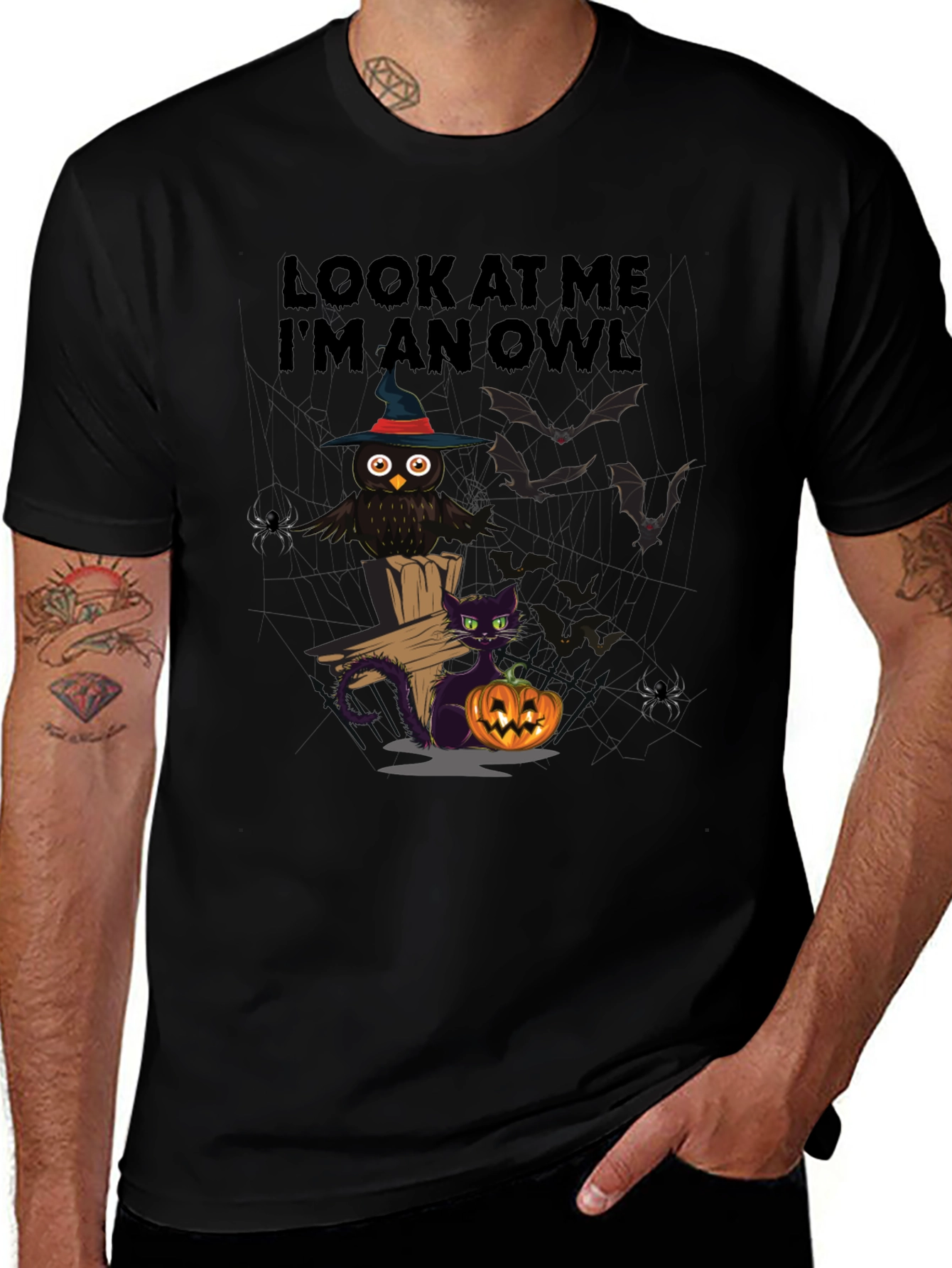 Halloween Owl & Cat T-Shirt - Look At Me Im An Owl
