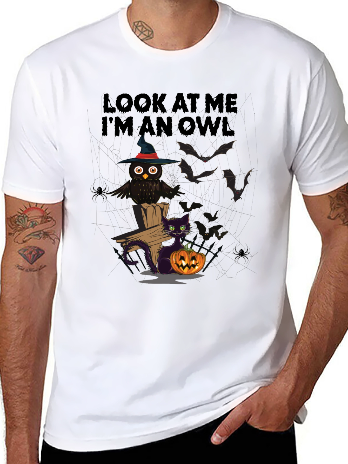 Halloween Owl & Cat T-Shirt - Look At Me Im An Owl
