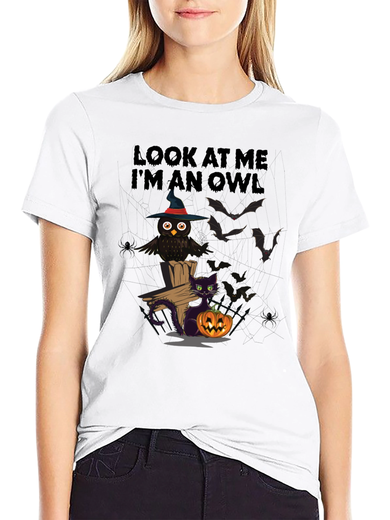 Halloween Owl & Cat T-Shirt - Look At Me Im An Owl